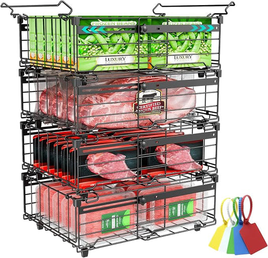 OPENICE Expandable Freezer Organizer Bins for Deep Freezer (4 PCS, Black) | Stackable Bins for Chest Freezer Organization | with 5 Tags for Efficient Classification | Fits 10 to 20 Cu.Ft Freezer by OPENICE