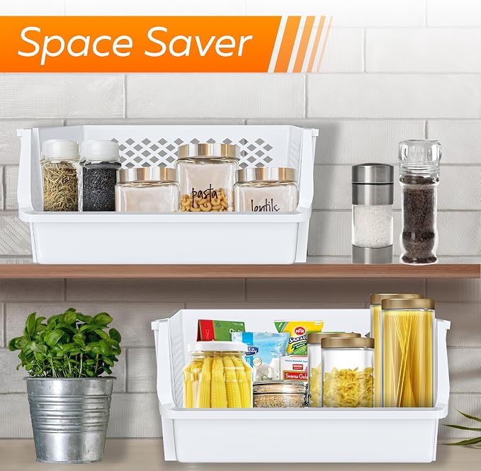 XLarge Stackable Storage Bins Open Front for Pantry Storage, 6 Pack - White | Sturdy Plastic, Easy Stacking, Open Front Access, Ventilated Sides, Vertical & Space Saving Pantry Organizers and Storage Bin - Image 5