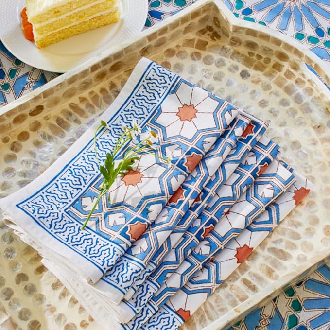 100% Blue Cotton Dinner Napkins, Set of 6, Hand Printed Mosaique Bleue Sky Design, Fair Trade, Washable Cloth Napkins for Parties & Cocktails 20x20 in by SaffronMarigold