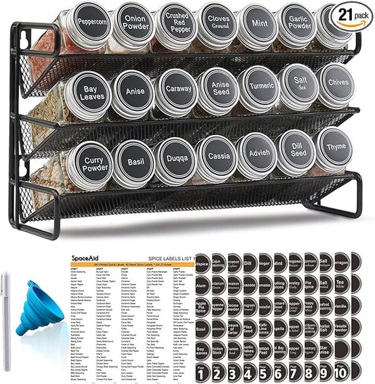 SpaceAid Spice Rack Organizer with 21 Spice Jars, 386 Spice Labels, Chalk Marker and Funnel Set for Cabinet, Countertop, Pantry, Cupboard or Door & Wall Mount - 21 Jars, 13.4" W × 9" H, Black by SpaceAid