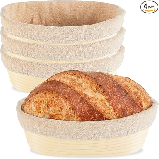 4 Pack Banneton Bread Proofing Basket 10 Inch Oval Rattan Banneton Baskets with Linen Liner Cloth Sourdough Basket Dough Proofing Basket for Professional & Home Sourdough Bread Baking by Bornerwhite