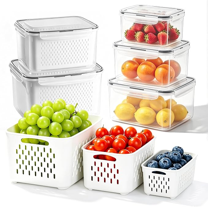 5 Pack Fruit Storage Containers for Fridge,Produce Container for Fridge with Removable Colanders,Leakproof Refrigerator Organizers and Storage for Produce Berry Vegetable Salad Meat Food Keep Fresh by bealy
