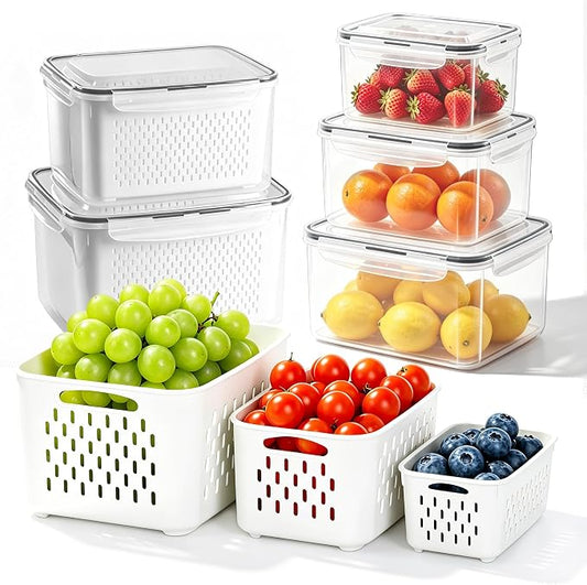 5 Pack Fruit Storage Containers for Fridge,Produce Container for Fridge with Removable Colanders,Leakproof Refrigerator Organizers and Storage for Produce Berry Vegetable Salad Meat Food Keep Fresh by bealy
