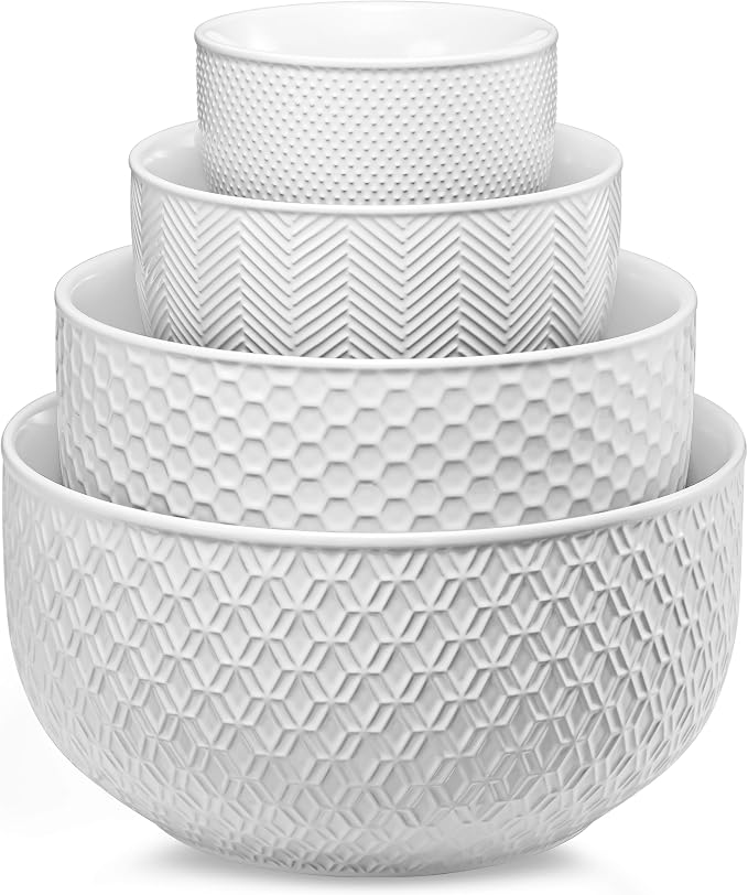 KooK Ceramic Mixing Bowls, Nesting Set of 4, Embossed Kitchen Dishware, Prep, Serving, Gift, Microwave and Dishwasher Safe, 20/44/98/145 oz, Narbonne Collection (Marshmallow) by Kook