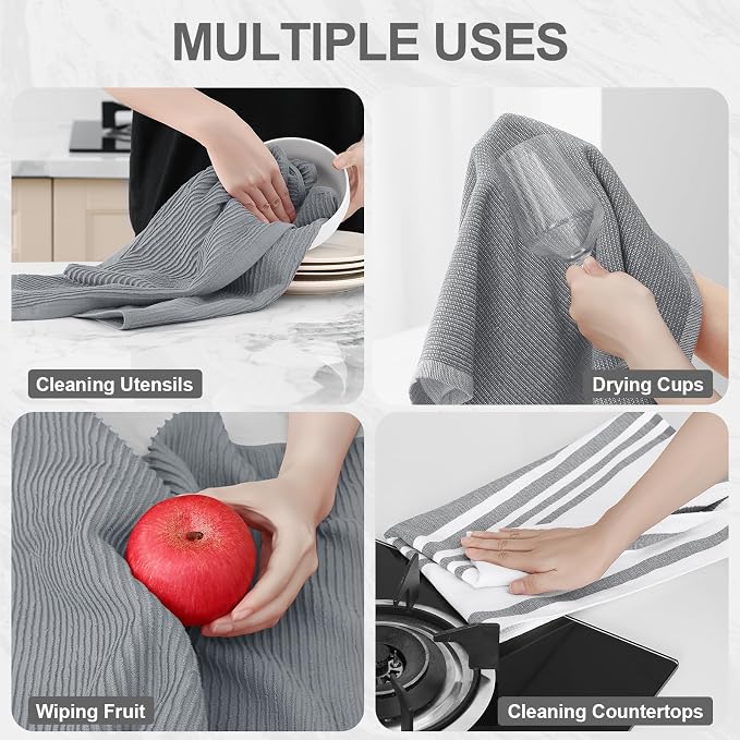 Homaxy Cotton 380 GSM Premium Kitchen Towels, 18"x 28", 12 Pack, Grey | Soft and Absorbent Terry Dish Towels, Multipurpose Tea Towel Set with Hanging Loop, 3 Styles Kitchen Hand Towels - Image 4