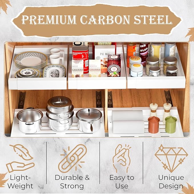 Pull Out Cabinet Organizer -Expandable – 12.56 x 18.89 Inch Pots And Pans Organizer Under Cabinet – Heavy Duty Carbon Steel Pull Out Drawers – Easy Installation No Screw Adjustable Cabinet Drawers - Image 3