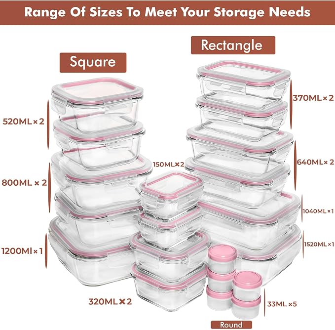 Razab 35 Pc Set Glass Food Storage Containers with Lids - Meal Prep Airtight Bento Boxes BPA-Free 100% Leak Proof (15 lids,15 glass & 5 Plastic Sauce/Dip Containers) - Image 2