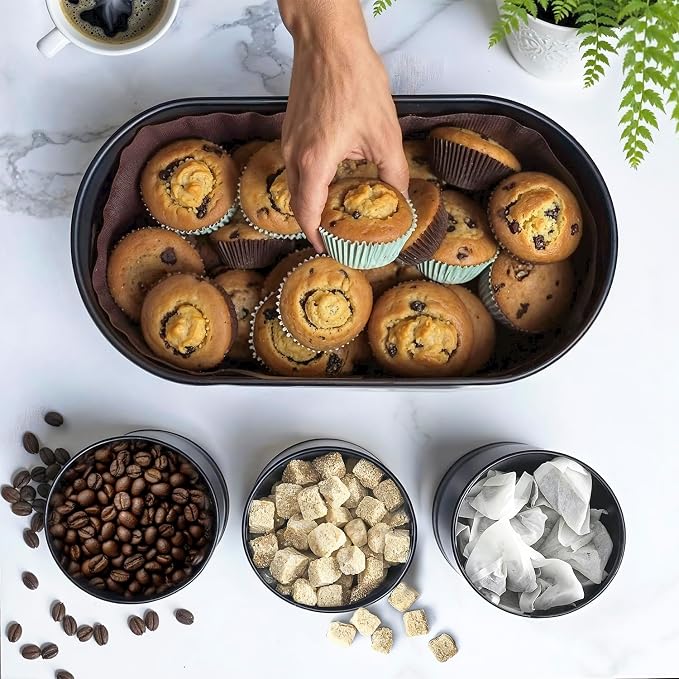 Plexon Bread Box for Kitchen Countertop with 3 Coffee, Tea, Sugar Canisters, Metal 4-Piece Bread Box Set with Lids and Cooper Labels, Black, BBCP4STBK - Image 5