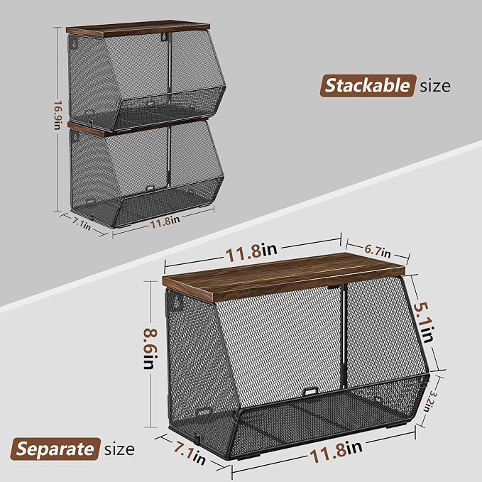 Litwaro Fruit Basket Wire Baskets with Wood Lid, Wall Mounted Produce Basket for Snack, Fruit and Vegetable Storage, Countertop Onion and Potato Storage, 3 Pack Stackable Kitchen Counter Organizer - Image 5