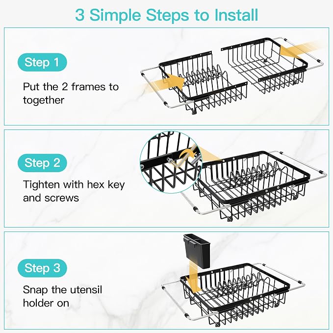 JASIWAY Black Dish Drying Rack Over the Sink with Utensil Holder | Expandable Stainless Steel Dish Driainers for Small Kitchen, Counter Space Saving, Fast Drain, Rust Resistant, For Apartment - Image 8