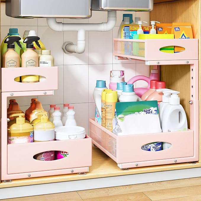 Under Sink Organizer, 2 Tier Pull Out Under Cabinet Organizer Shelf with Pad for Framed Cabinets, Metal Slide Out Under Sink Storage, Mesh Sliding Drawers for Kitchen Bathroom Laundry(Pink, 1 Pack) by PXRACK