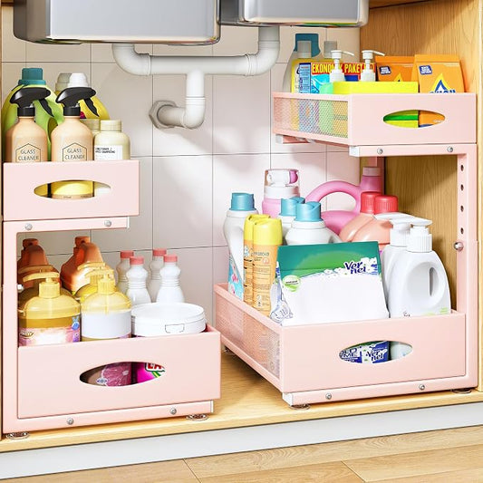 Under Sink Organizer, 2 Pack 2 Tier Pull Out Under Cabinet Organizer Shelf with Pad for Framed Cabinets, Metal Slide Out Under Sink Storage, Mesh Sliding Drawers for Kitchen Bathroom Laundry, Pink by PXRACK