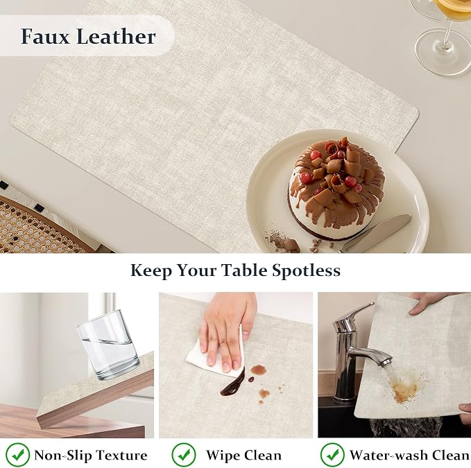 FROMHEART Faux Leather PU Placemats Set of 6 (Beige,11.8" x 17") | Waterproof,Heat/Oil Stain-Resistant Table Mat–Reversible,Non-Slip,Easy to Clean Place Mats for Kitchen,Dining,Indoor/Outdoor - Image 4