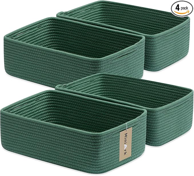 MiniArk Large Shallow Organizing Baskets 15x11x5.1 Inches - Rope Woven Storage Bins for Bathroom, Shelves, Cube Closet, Green 4 Packs by MiniArkStorageBasketsHome
