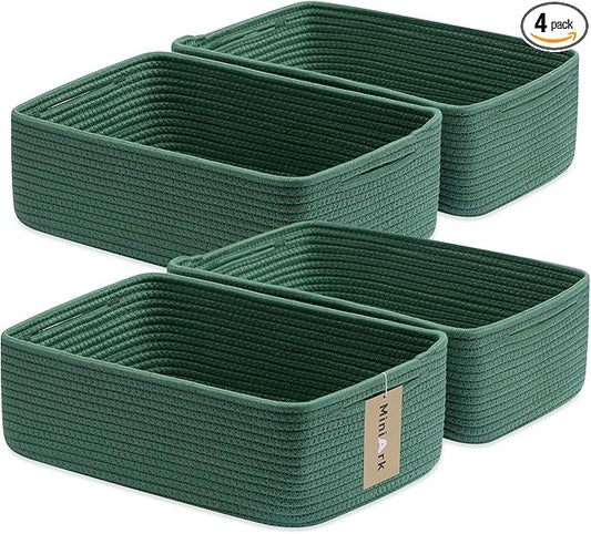 MiniArk Large Shallow Organizing Baskets 15x11x5.1 Inches - Rope Woven Storage Bins for Bathroom, Shelves, Cube Closet, Green 4 Packs by MiniArkStorageBasketsHome