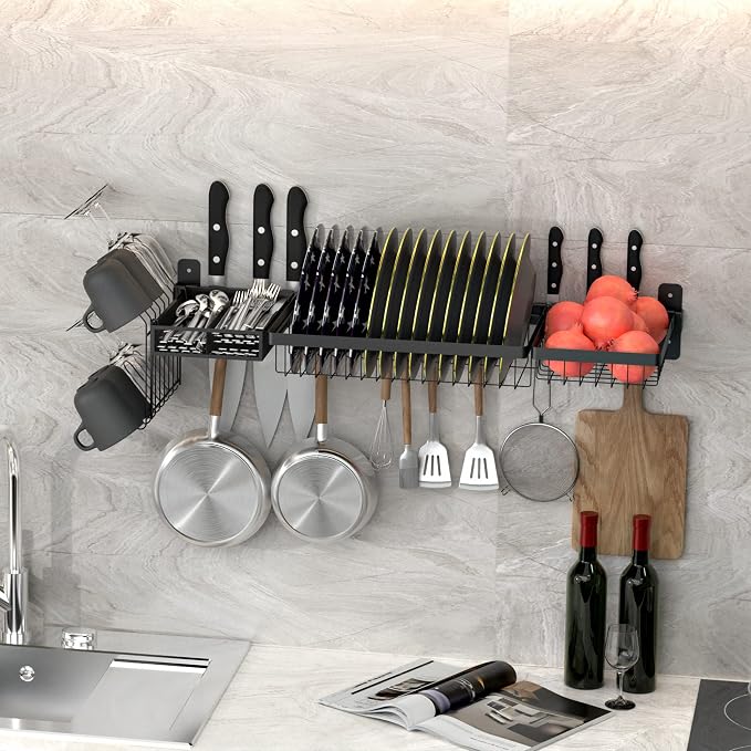 Adjustable Stainless Steel Wall Mounted Over the Sink Dish Drying Rack, Large Capacity Pot Rack Dish Rack with Utensil Holder for Kitchen Storage Organizer Patent Pending (Black) - Image 2