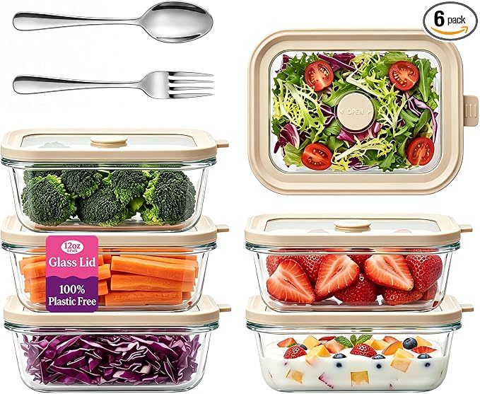 12 oz Small Glass Food Storage Containers with Glass Lids,1.5 Cup Glass Meal Prep Containers, Non Toxic Lunch Containers for Microwave, Oven, Freezer and Dishwasher Safe, 6 Pack by Encheng