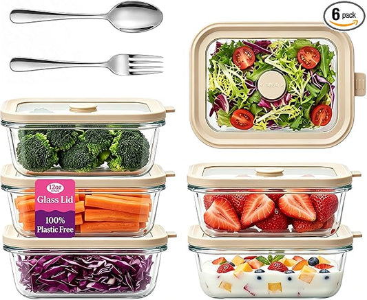 12 oz Small Glass Food Storage Containers with Glass Lids,1.5 Cup Glass Meal Prep Containers, Non Toxic Lunch Containers for Microwave, Oven, Freezer and Dishwasher Safe, 6 Pack by Encheng