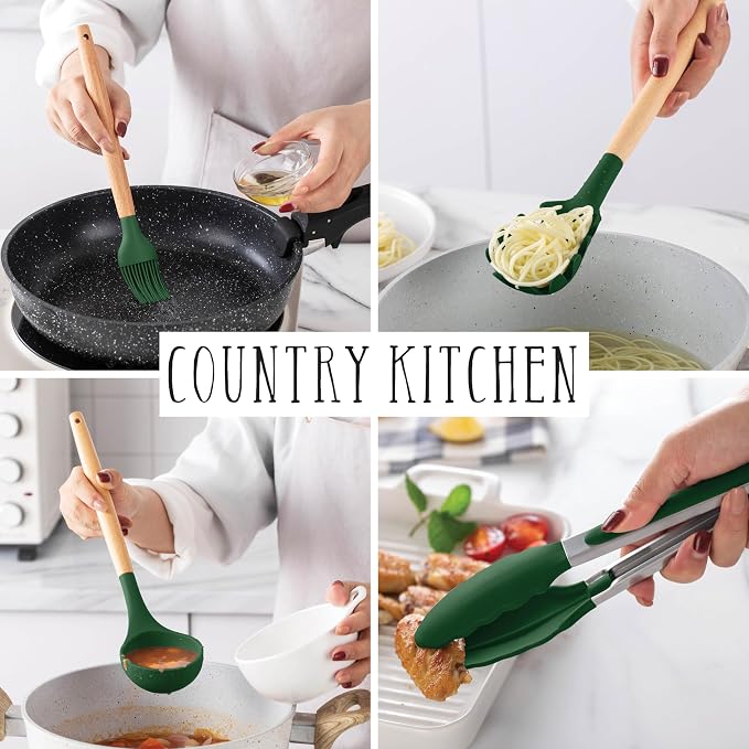 Country Kitchen Non Stick Silicone Utensil Set with Rounded Wood Handles for Cooking and Baking, 14 Piece Set, Green - Image 6