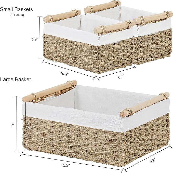 Wicker Storage Basket, 3-Packs Seagrass Storage Baskets for Organizing, Large Cube Storage Organizer Baskets Bins with Handles for Shelves Decor, Small Toilet Paper Storage Basket (Seagrass) - Image 2