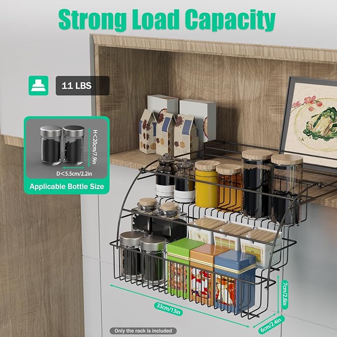 3-Tier Pull Down Spice Rack,Large Capacity Kitchen Storage Shelf Organizer Heightened Guardrail & Enlarged Mounting Plate for Cabinet/Pantry Holds Seasoning Jars Bottles Shakers Retractable Organizer - Image 4