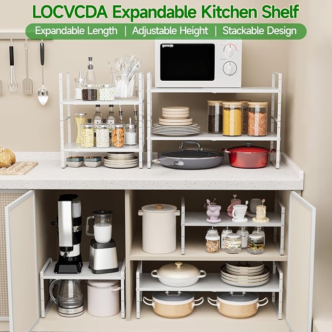 Expandable Adjustable Atackable Kitchen Cabinets Organizer | 80 lb Heavy Duty Metal Pantry Storage Shelves Racks for kitchen, Small Cupboard Organizers with 4 Height Levels - Image 4