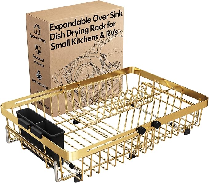 Gold Dish Drying Rack Over The Sink with Utensil Holder | Expandable Stainless Steel Dish Drainer for Small Kitchen, Apartment, RV, Counter Space Saving, Perfect Fit, Rustproof by MAJALiS