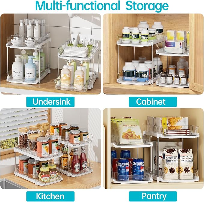 Delamu 3 Pack 2-Tier Bathroom Under Sink Organizers and Storage, Multi-Purpose Stackable Pantry Organization and Storage, Pull Out Clear Kitchen Bathroom Cabinet Organizer with Movable Dividers, White - Image 7