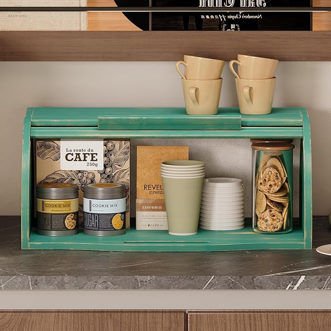 Trironsun Bamboo Roll Top Bread Box for Kitchen Countertop Large Capacity Bread Storage Bin Wooden Bread Storage Organizer Natural Breadbox for Food Storage (Antique Blue) - Image 3