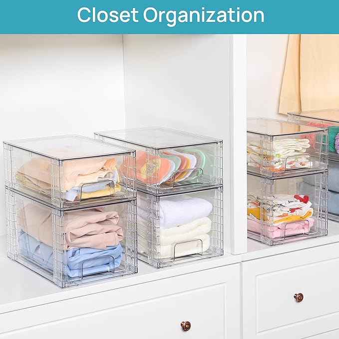Vtopmart 4 Pack Large Stackable Storage Drawers, Clear | Easily Assemble Bathroom Closet Undersink Organizers and Storage Kitchen Cabinets,Pantry,Makeup,Medicine Organization - Image 4