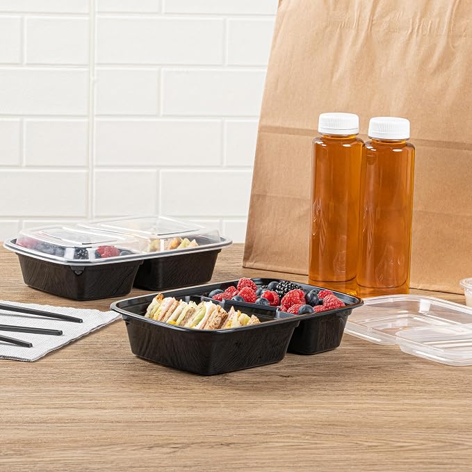 Asporto 32 Ounce Compartment Take Out Boxes, 50 Microwavable Meal Prep Containers - 2 Compartments, With Clear Plastic Lids, Black Plastic Food Containers, Do Not Contain BPA - Restaurantware - Image 7
