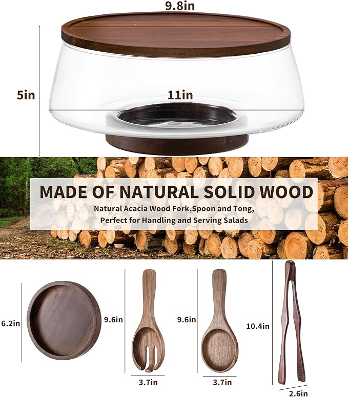 Extra Large Glass Salad Bowl Set, 4.8Qt Mixing Bowl with Acacia Wood Lid, Base and Salad Serving Utensils, Clear Serving Bowl Trifle Bowl, Elegant Salad Bowls for Kitchen,Parties,Christmas - Image 3