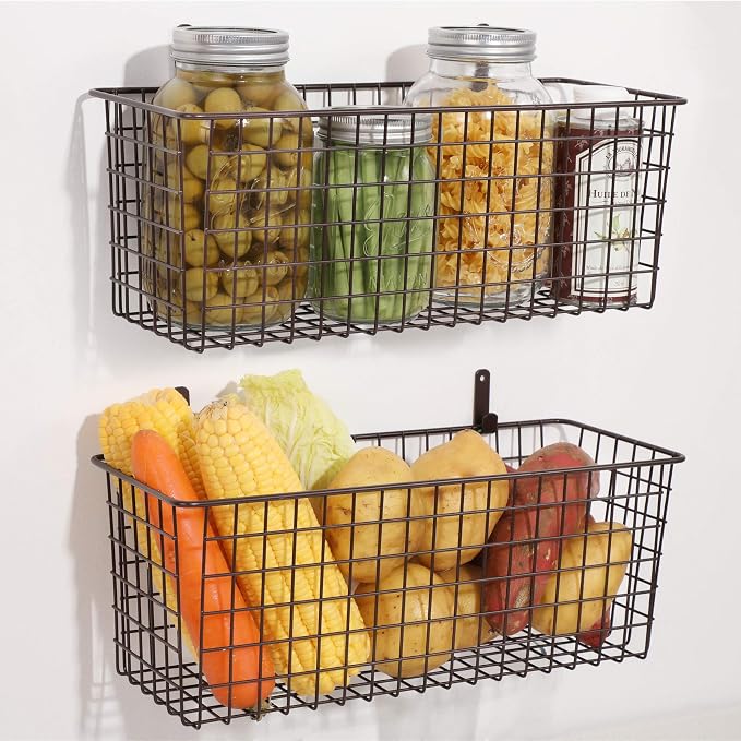 3 Set [Extra Large] Hanging Wall Basket for Storage, Wall Mount Sturdy Steel Wire Baskets, Metal Hang Cabinet Bin Wall Shelves, Rustic Farmhouse Decor, Kitchen Bathroom Organizer, Brown - Image 6