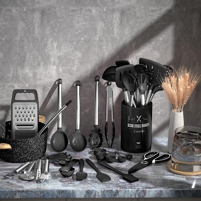 Umite Chef Thickened Kitchen Utensils Set- Silicone Cooking Utensils Set for Nonstick Cookware-Silicone Spatulas Set, Heavy Duty Stainless Steel Handle-Black Kitchen Gadgets Tools Set - Image 2
