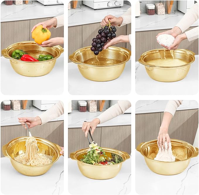 Paoli 304 Stainless Steel Fine Mesh Colander Set, 2QT Large Capacity Strainer with Mixing Bowl — Rinse Fruits, Veggies, Rice & Drain Pasta, Dishwasher Safe (2-Piece Gold) - Image 2