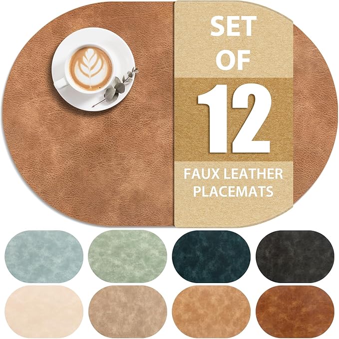 ADRIMER Placemats, Heat Resistant Oval Placemats Set of 12 Washable 12 x 17 Inch, Waterproof Table Mats, Wipeable Pu Place Mats for Kitchen, Dining Room, Sandy Light Brown by Adrimersdreamistobeanindispensablecompanioninyourlife