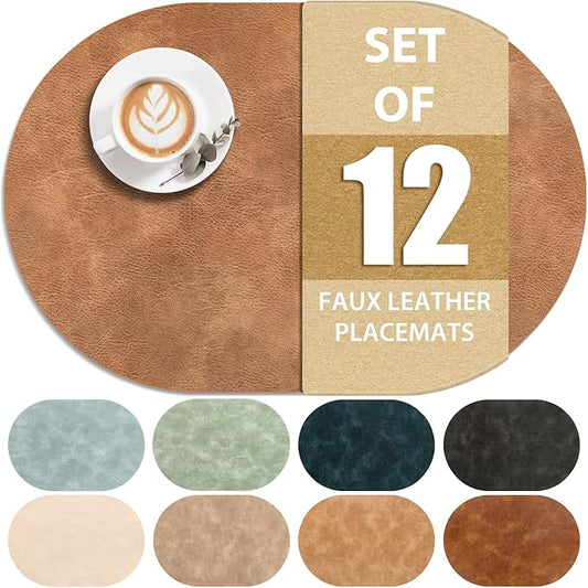 ADRIMER Placemats, Heat Resistant Oval Placemats Set of 12 Washable 12 x 17 Inch, Waterproof Table Mats, Wipeable Pu Place Mats for Kitchen, Dining Room, Sandy Light Brown by Adrimersdreamistobeanindispensablecompanioninyourlife