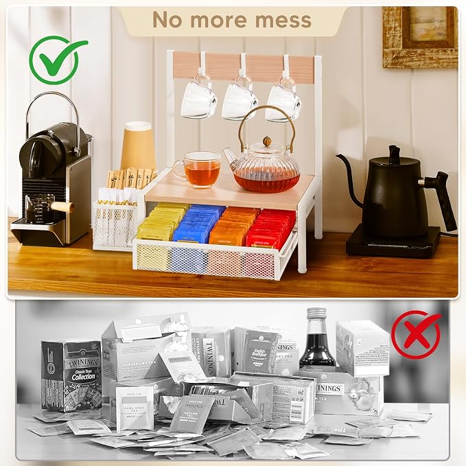 DGWJSU Tea Bag Organizer, Wood Tea Organizer and Storage Cheast, Tea Bag Holder with Storage Drawer, 4 Hooks for Tea Cups Holder, Tea Station Chest Display Container Box for Countertop Kitchen (White) - Image 5