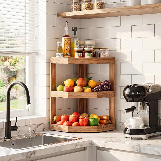 3 Tier Wooden Corner Fruit Basket Vegetable Storage Holder | Kitchen Organizer, Potato Stand, Onion Rack, For Counter & Countertop, Anti-Slip Base, Space-Saving, Long-Lasting - Image 2