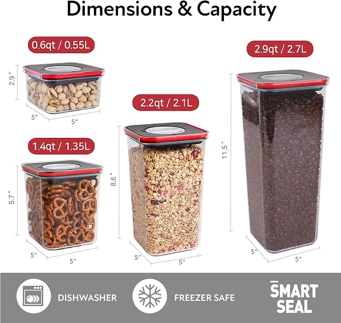 Neoflam Smart Seal 8pc Patent Airtight Kitchen Pantry Canister/Organizer Clear Plastic Container & Simple Twist, 100% Leak Proof, Dishwasher Safe, BPA Free, Dry Food Storage Set, Square, Black/Red Lid - Image 6