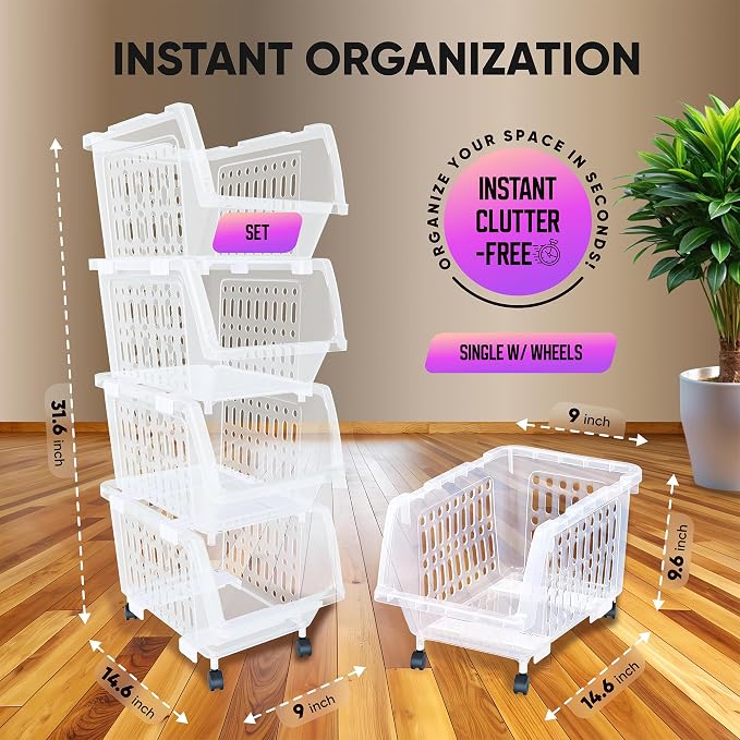 Small Stackable Storage Bins Open Front with Wheels, 4 Pack - Clear | Easy Assembly, Sturdy Plastic, Open Front Access, Smooth Rolling Wheels, Stackable, Large Capacity Storage - Image 2