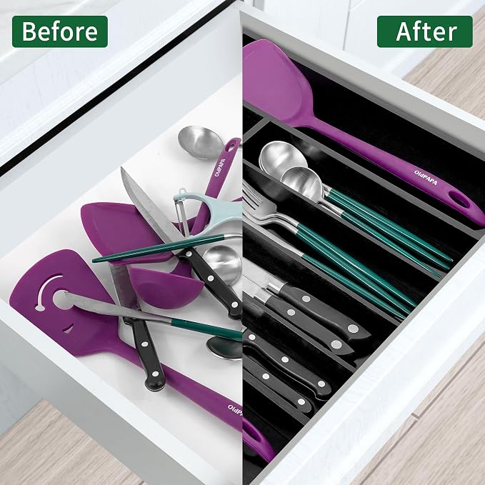 Utoplike Bamboo Silverware Drawer Organizer, Black Kitchen Utensils Tray | Expandable Drawers Organiser, Cutlery Dividers, Flatware Caddy Drawer Insert, Office Supplies, 5-7 Slots - Image 4