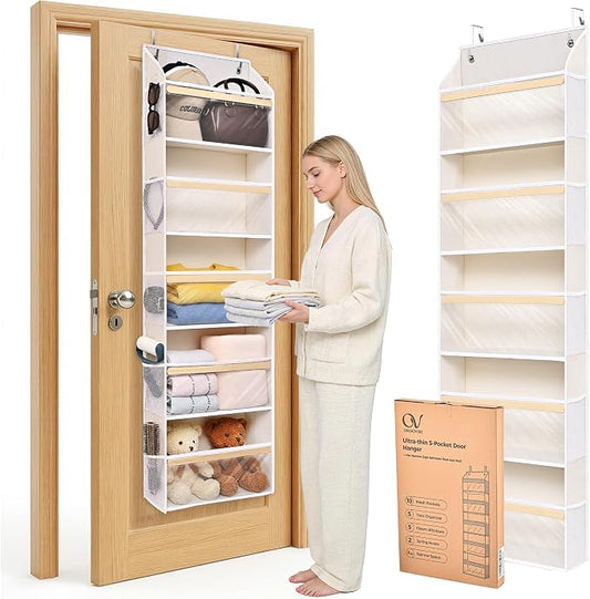 5 Tiers Natural Bamboo Over Door Organizer with 10 Mesh Side Pockets, 50 lbs Weight Capacity Hanging Storage Organizer with Clear Window Kids Toys, Shoes, Diapers, Warm Beige by ORDOVIBE