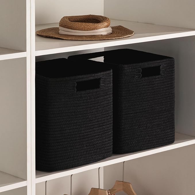 UBBCARE Set of 4 Storage Bins - 11 X 10.5 X 10.5 in, Cotton Rope Bins for Shelves, Toys, Books, Cube Storage with Handles, Woven Black Basket for Organizing - Image 6