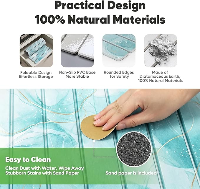 Stone Drying Mat for Kitchen Counter, Quick Diatomaceous Earth Mats for Dishes, 24"L x 16" W Super Absorbent Fast-Drying Collapsible Countertop Stone Mat (Marble White Green-01, 24" x 16") - Image 4