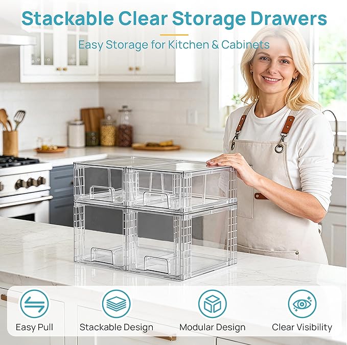 Vtopmart Clear Stackable Storage Drawers, 4 Pack Kitchen Cabinet Set | Medium and Small Pull-Out PET Drawers with Stackable Design for Kitchen Cabinets, Pantry, Under Sink, Medicine - Image 3