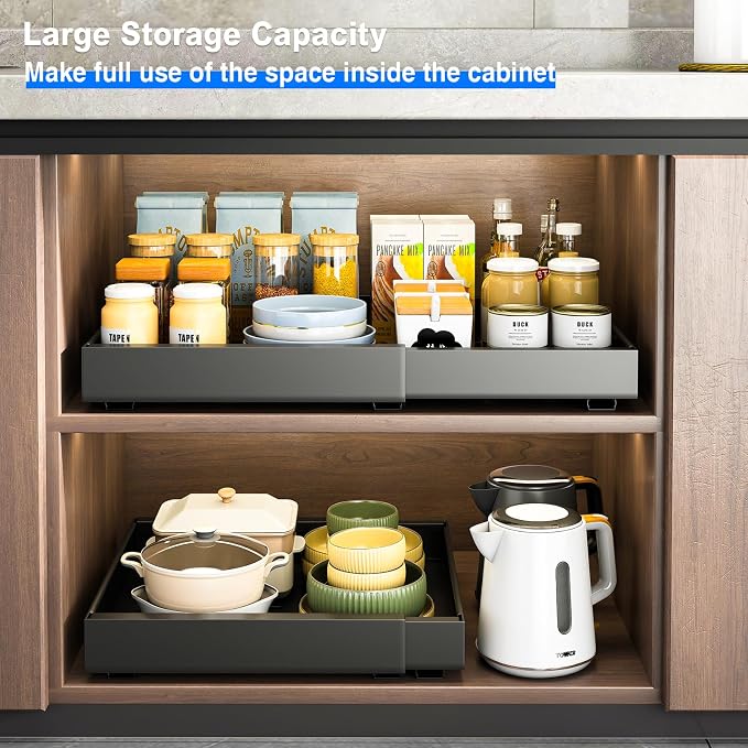 Mustorn 2 Pack Pull Out Cabinet Organizer, Expandable Slide Out Drawers for Kitchen Cabinets Peel and Stick Pullout Drawer Heavy Duty Sliding Shelves for Cupboard, Pantry, Bathroom(16.5" Deep, Black) - Image 4