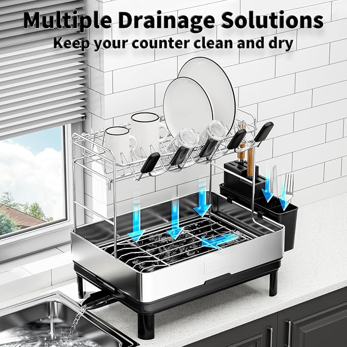 Ewaiira Dish Drying Rack, 2 Tier Large Dish Rack, Stainless Steel Dish Drainer for Kitchen Counter, Dishes Rack with Automatic Drainage, Utensil Holder,Cups Holder,Space Saving Kitchen Organizer,Black - Image 4