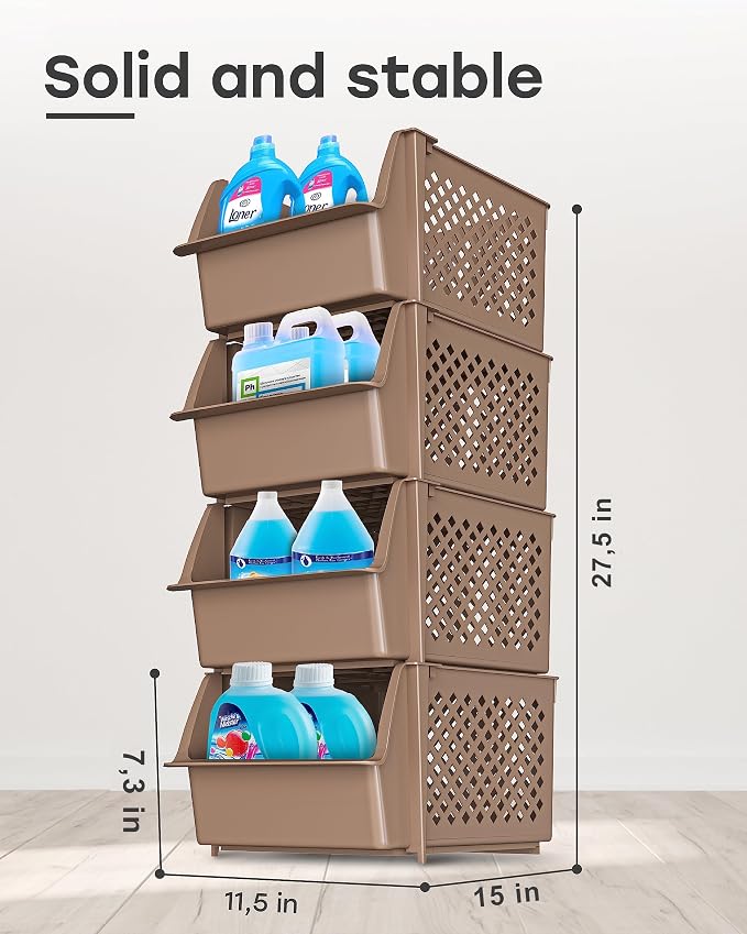 TidyFriend Plastic Stackable Storage Bins for Pantry, 4 Pack Stackable Bins For Organizing Food, Kitchen, and Bathroom Essentials (Brown) | Sturdy Plastic, Easy Stacking, Open Front Access, Ventilated Sides, Vertical & Space Saving Pantry Organizers an... - Image 2