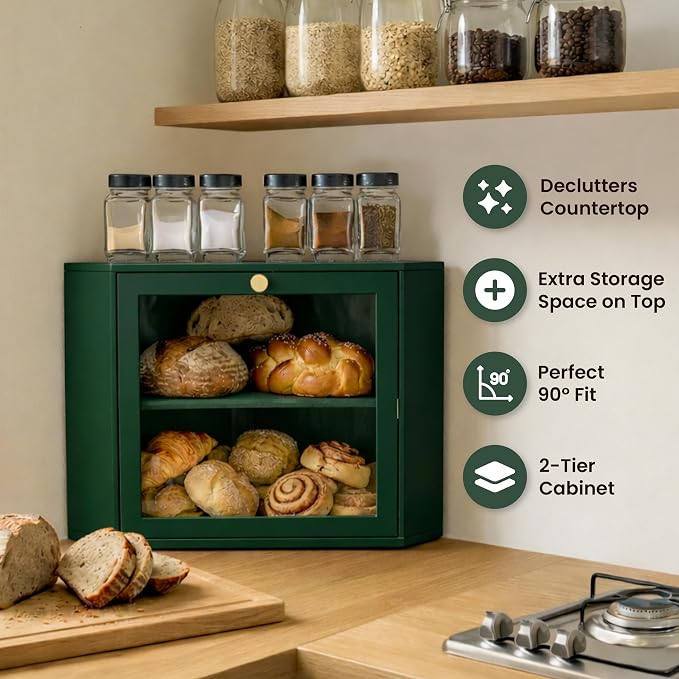 2 Tier Corner Bread Box for Kitchen Countertop, Green | Space-saving, food-safe bamboo corner countertop cabinet featuring a modern brass knob & controlled airflow. - Image 2